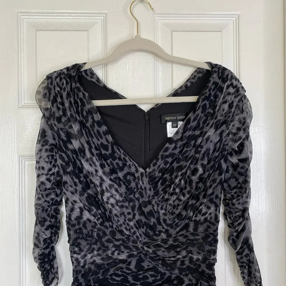 TADASHI SHOJI Leopard Print Graphite Gray Ruched Dress Size XS NWT Party - Picture 3 of 7
